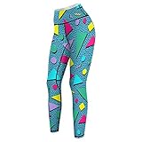 High Waisted Retro 80s 90s Memphis Yoga Pants Rose Red Yellow Leopard Geometric Leggings Tummy Contr