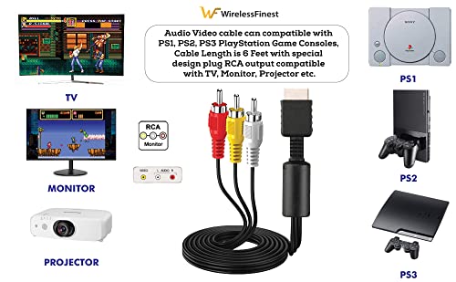 Wirelessfinest GAME-YX-107 Ac Power Supply + Audio Video Rca Av Cable Adapter Cord To External Tv Screen Monitor For Sony Playstation 1 2 3 Ps1 Ps2 Ps3 Psx Original Fat Gaming Systems Console Bundle Set Accessory thumb #1