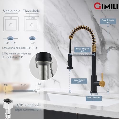 Image of GIMILI Black and Gold Kitchen Faucet with Pull Out Sprayer, Single Lever Spring Kitchen Faucet, Commercial Modern RV Faucet for Kitchen Sink, Matte Black and Brushed Gold