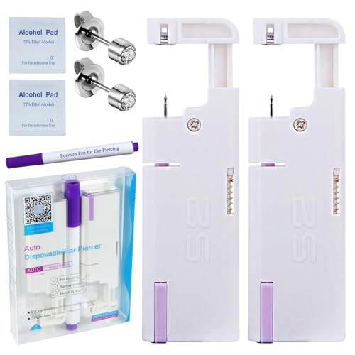 2PCS Disposable Ear Piercing Kit Ear Piercing Gun Self Use Ear Piercings Kit Cartilage Piercing Gun with Hypoallergenic Earrings(4mm,Silver)