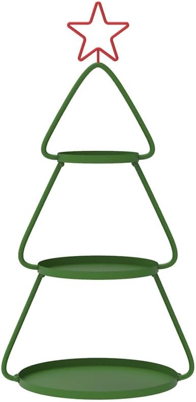 ZYFAB 3-Tier Christmas Tree Display Stand, Green Metal Serving Tower with Red Star Topper Decorative Storage Shelf for Drinks and Snacks,B