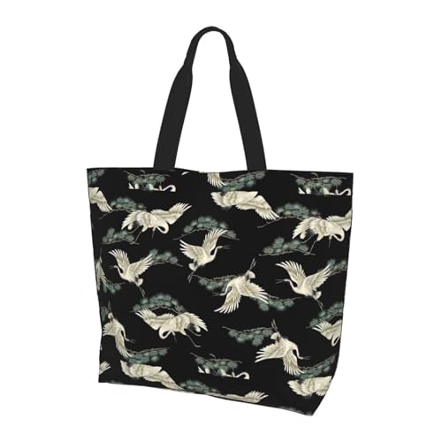 TTIGLHOH Bolsa de mano para mujer, con estampado de grúa japonesa y pino, bolsa de hombro reutilizable, bolsos grandes para el trabajo, la escuela, las compras y las actividades al aire libre