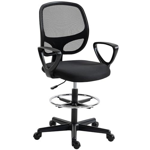 HOMCOM Chaise bureau ergonomique, fauteuil de bureau avec repose-pieds et accoudoirs, chaise à dessin en maille, hauteur réglable, soutien lombaire, pivotant...