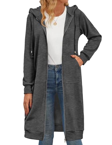 Zeagoo Womens Zip Up Hoodies Long Sleeve Fall Hooded Lightweight Tunic Sweatshirt Oversize Fleece Jacket With Pockets Dark Grey