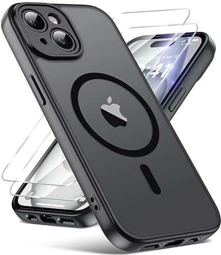 FLLAO for iPhone 15 Case Compatible with Mag-safe Magnetic Bumper Phone Case with 2X HD Screen Protector Full Camera Protection Military-Grade Shockproof Slim Translucent Matte Cover Black