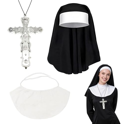 FUIPVGI 3 peças de fantasias de freira de Halloween para mulher, inclui toucado de freira preta, colar cruzado, acessórios de pescoço, fantasias de freiras para Halloween, acessórios de cosplay (preto