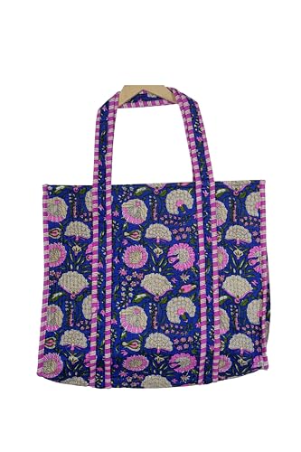 Image of Quilted Cotton Handprinted Reversible Large multicolor Floral Tote Bag,Hand Block Print Shopping Shoulder Carry Bag