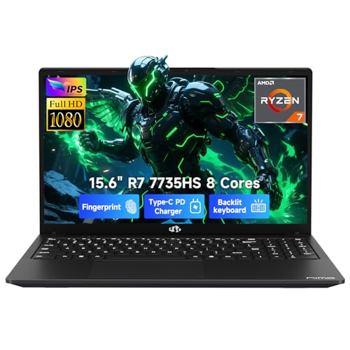 NIMO 15.6" IPS FHD Gaming-Laptop, AMD 8 Cores Ryzen 7 7735HS 16GB DDR5 RAM 512GB SSD (Beats i7-12650H, Up to 4.75GHz) Computer with Radeon 680M 100W Type-C Backlit Keyboard Fingerprint Unlock