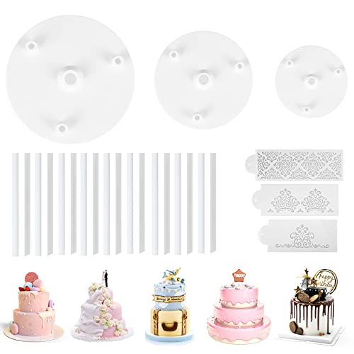 ZCXG Soporte para Tartas,3 Tablero de Pastel, Soporte de varios niveles para pasteles,18 Varillas Reutilizables de Soporte,3 Plantillas decoración de tartas para Fiestas de Cumpleaños Bodas Pastel Cover
