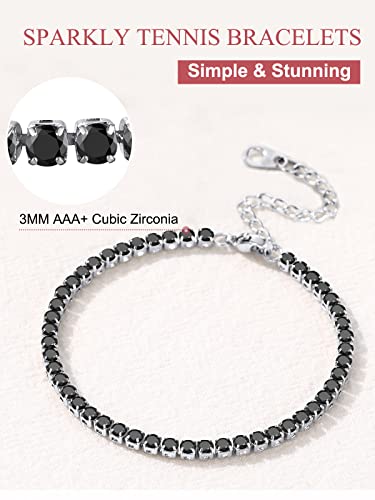 Focalook Tennis Bracelets For Women Silver Bracelet Dainty 3Mm Black Cubic Zirconia Eternity Bracelet | Size 7-9 Inch #TOP3