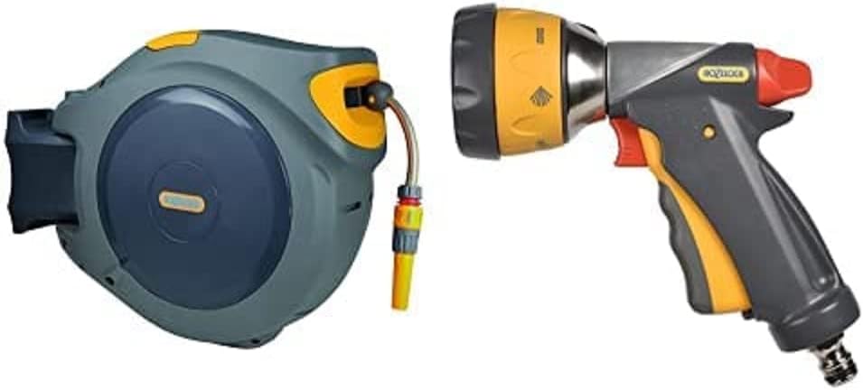 Hozelock Auto Reel with 40m Hose & Multi Spray Ultramax Gun, Grey/Yellow, 16x10x8 cm