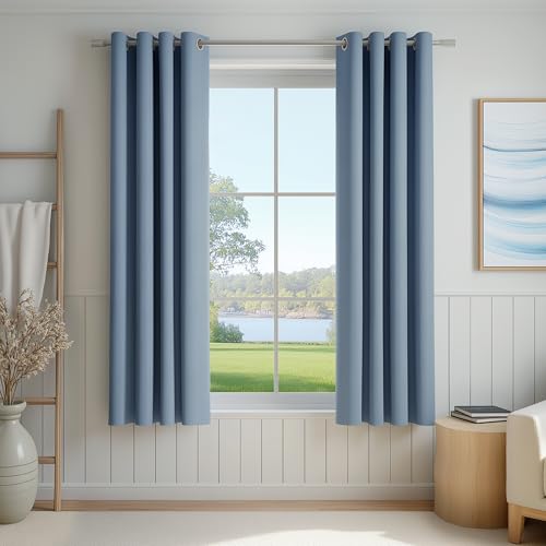 Image of FMFUNCTEX 100% Blackout Curtains for Bedroom, Slate Blue Curtains 54 Inches Long Weave Textured Thermal Insulated Curtains for Living Room, Black Out Drapery Grommet Room Darkening 2 Panels