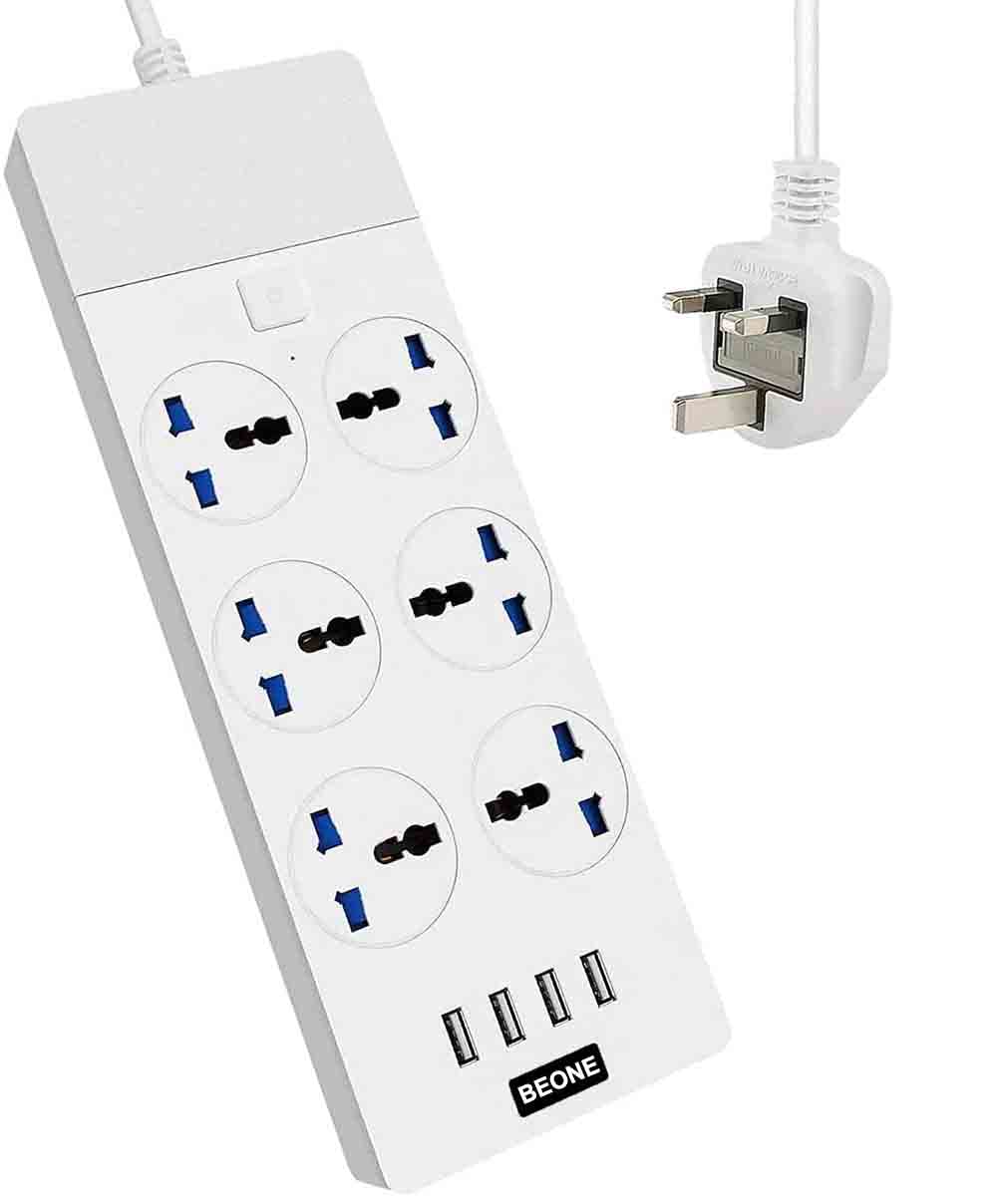 BE-ONE Universal Extension Lead Power Strip Plug Adapter with 4 USB PortsBE-ONE (White) 2m