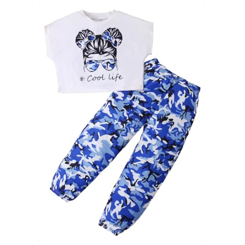 KONFEN Conjunto Ropa Niña 2 Piezas, Hip Hop Crop Top Manga Corta + Pantalones Camuflaje con Bolsillo, Top e Pantalones Jogger Deportivo Ropa Street Dance Verano Otoño para Niña 5 a 6 Años, Azul