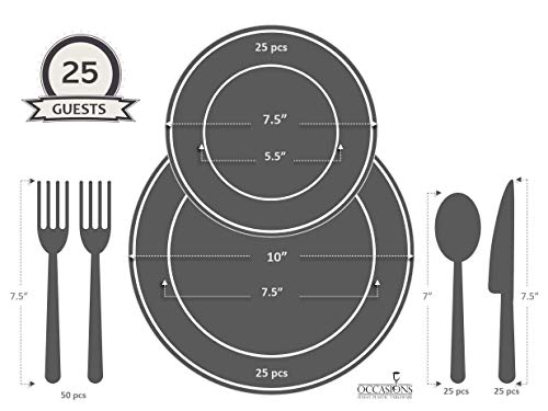 " OCCASIONS " 150 Piece set (25 Guests)-Vintage Wedding Plastic Plates & cutlery -Disposable Dinnerware 10'', 7.5'' + Silverware w/double fork (Verona Plain Ivory)