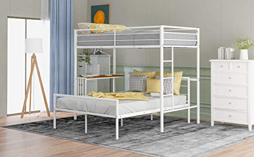 Mupple Twin Over Full Metal Bunk Bed With Desk Ladder And Quality Slats For Bedroom (White) #TOP3