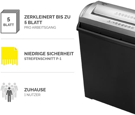 Bild 1 - Fellowes FS-5S Aktenvernichter, 5 Blatt, Streifenschnitt, Sicherheitsstufe P1, Papiervernichter für Zuhause & Büro, Kindersicher, Kompakt, 11L Behälter, Schwarz