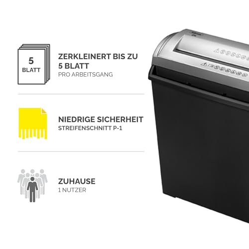Fellowes FS-5S Aktenvernichter, 5 Blatt, Streifenschnitt, Sicherheitsstufe P1, Papiervernichter für Zuhause & Büro, Kindersicher, Kompakt, 11L Behälter, Schwarz