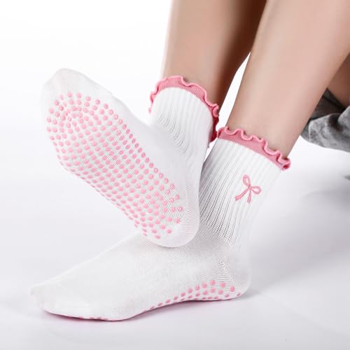 Image of Jeyiour Summer Cute Pilates Socks Women Bow Nonslip Ruffle Yoga Socks with Grip Barre Pilates Gift for Work Dance Fitness