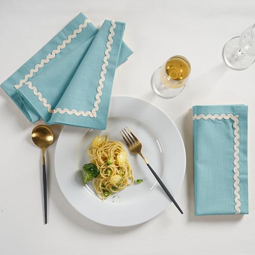 Image of FINGERCRAFT Cloth Napkins Set of 6, 18x18 Inch, 100% Cotton Table Napkins with RIC Rac Scallop Lace Trim, Reusable Washable Dinner Napkins for Wedding, Party, Dining & Home Decor (Powder Blue)