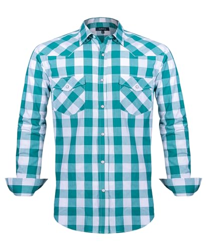 Western Shirts for Men with Snap Buttons Regular Fit Plaid Mens Long Sleeve Shirts Casual,Green Check 013,Large
