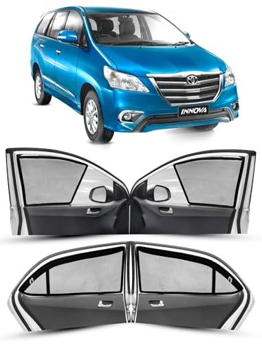 Image of Autofact Magnetic Car Sunshades Compatible with Toyota Innova Old (2004 to 2015) (Set of 4) - Easy Installation, UV Protection (Front 2 Half-Cut for Side Mirror Visibility, Rear 2 with Zippers)