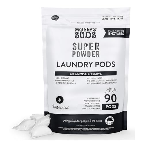 Image of Molly's Suds Super Powder Laundry Detergent Pods | Natural Extra Strength Detergent for Sensitive Skin | Ultra Concentrated and Stain Fighting (Unscented - 90 Count)
