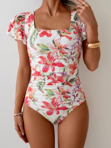 Image of Eomenie Women's Tummy Control One Piece Swimsuit Ruffle Square Neck Bathing Suit Ruched Cutout Back Slimming Swimwear