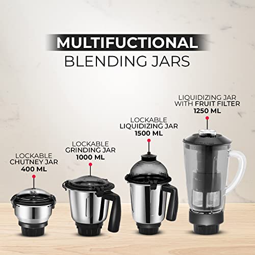 Image of Singer Xtrom Mixer Grinder 1000 Watts 4 Jar includes 3 Stainless Steel Jar, 1 Transparent Jar with Fruit Filter - Black