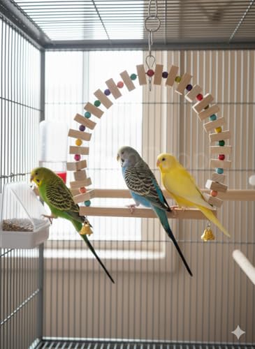 Image of Raindrops Wooden Swing with Colourful Beads for Bird Cages|Birds Stress Free Items|Cage Accessories|Wooden Ladder|Swing with Dotted Perch|Birds Chew Toy|Training aid Toy (Height 25.5cm-Pack of 1)