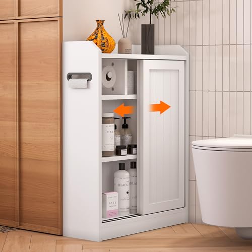Small Bathroom Cabinet, Bathroom Storage Cabinet with Sliding Doors - Slim Space Saving Design, Adjustable Shelves, Toilet Paper Holder & Brush Compartment, 31.5