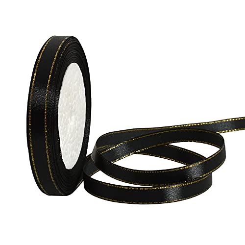 TONIFUL 3/8 Inch x 25 yds Thin Black and Gold Satin Ribbon with Gold Edges Border Fabric Ribbons for Gift Wrapping Wedding Birthday Cake Decoration Floral Craft Bow Making Valentine's Day Bouquet