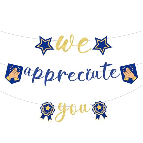 We Appreciate You Glitter Thank You Appreciation Banner - Employee, Staff, Nurse, Doctor, Teacher Appreciation Decorations for Parties & Offices (Gold, Blue)