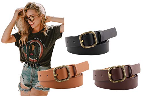 Longwu 3 Pack Women Faux Leather Belt for Jeans Pants, Ladies Waist Belts with Square O Buckle
