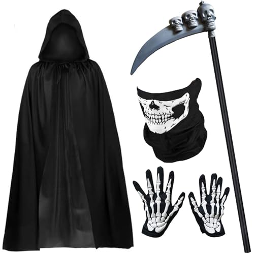 TTSTW 4Pcs Halloween Grim-Reaper Costume Set Kids Adult Death Scary Halloween Costumes 140Cm Black Velvet Hooded Cape Skull Face Mask Skeleton Hand Gloves Prop for Men Women