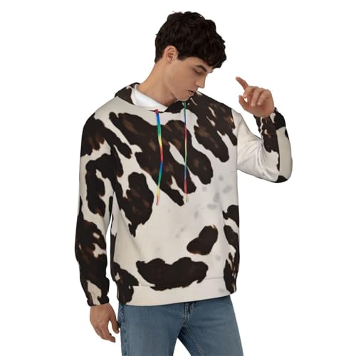 Mens Hoodie Pullover Casual Long Sleeve Drawstring Top Brown Cowhide Print Hooded Sweatshirt With Pocket4