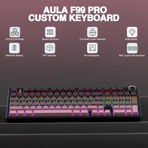 Image of AULA F99 Pro Wireless Mechanical Keyboard with Knob,Tri-Mode BT5.0 /USB-C /2.4GHz Hot Swappable Keyboard,Pre-lubed Switches,RGB Backlit Computer Gaming Keyboards