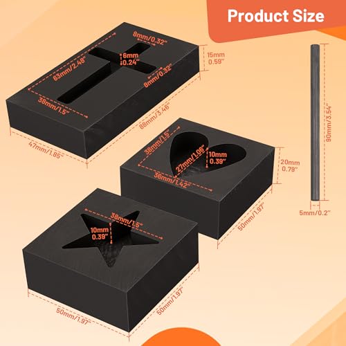 4 Pieces Graphite Ingot Molds,Upgrade Heart Star Cross Mold Stir Rod Stick Set, Casting Mould Metal Refining Scrap Melting for Gold Silver Aluminum Copper Brass Zinc