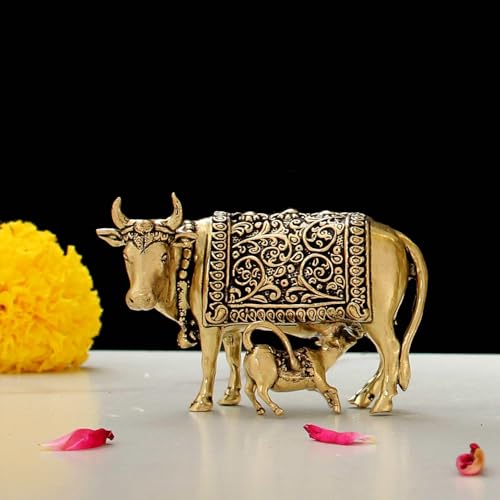 Image of INDICAST Handcrafted Brass Cow with Calf for Good Luck | 2 inch Kamdhenu Gau MATA Idol Spiritual Vastu Nandi Pooja Figurine Sculpture for Home and Office (Weight- 70gm)