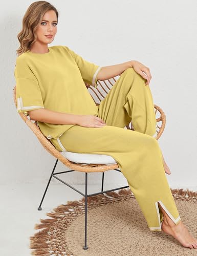 Image of Tanming Sweater Sets Women 2 Piece Lounge Sets Short Sleeve Knit Pullover Tops Wide Leg Pants