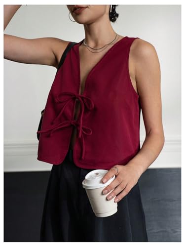 MakeMeChic Women's Bow Tie Front Vest V Neck Sleeveless Summer Vest Tops3