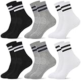 Utensilsto 6 Paar Socken Kinder Tennissocken Kinder 31-34 Sportsocken Jungen Mädchen Elastische Baumwolle Kindersocken mit Streifen Sport Socken für Jungen Mädchen(Schwarz+Weiß+Grau)