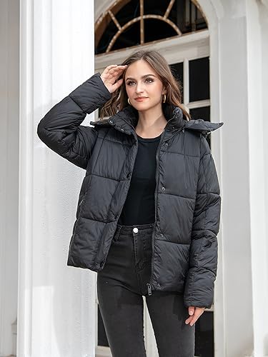 Women's Quilted Puffer Jacket Long Sleeve Full Zipper Winter Warm Padded Bubble Coat with Detachable Hood2