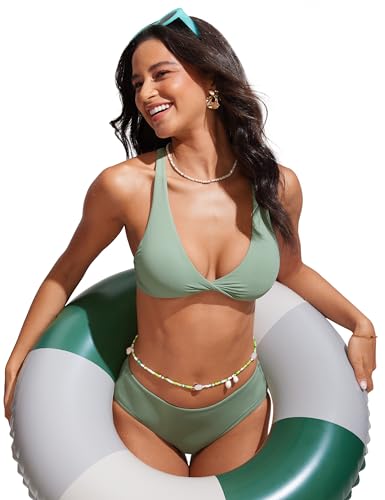 Image of CRZ YOGA Twist Front Bikini Tops | Removable Pads, A-C Cup, V Neck, Criss Cross Back, Swim, Bathing Suit Bra for Women