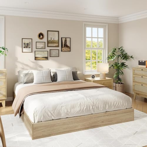 Garvee King Size Solid Wood Platform Bed with Sturdy Wooden Slats, Floor-Standing Bed Frame, Modern Minimalist Design Bed Frame, No Box Spring Needed,