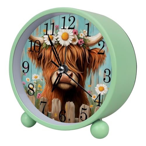 Luoweisi Reloj despertador con diseño de margaritas de vaca de las tierras altas, silencioso sin tictac con luz nocturna, reloj despertador redondo de metal para oficina, funciona con pilas