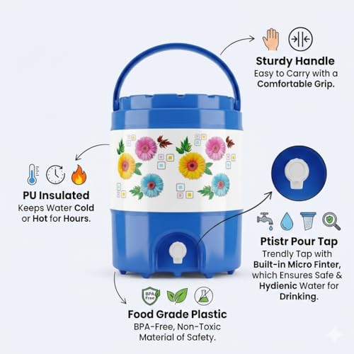 Image of Plastic Insulated Water Camper 20 LTR Cool /Chilled Water Camper /Jar Insulated Thermos Flask Dispenser Container with Tap (Blue), Cool Water Storage for Travel