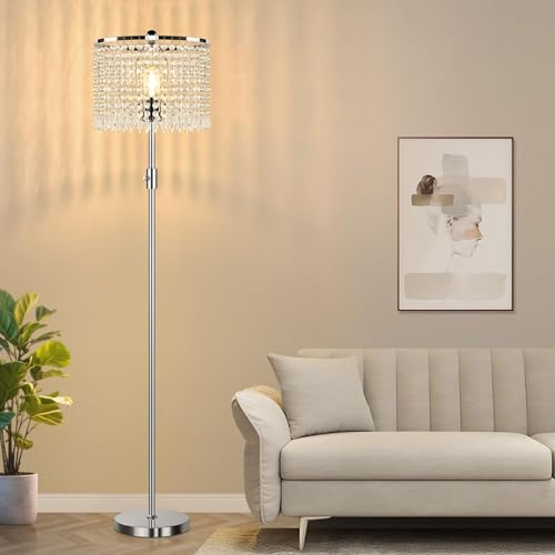 Yemela 【Upgraded】 Dimmable Crystal Floor Lamps for Living Room, 1000LM LED Bulb Included, Standing Lamp with Knob Switch, Tall Silver Pole Light for Bedroom Nursery Office Corner Reading