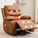 Leather Recliner Chair Nursery, Oversized Manual Reclining Rocking Chair, 360 Swivel Glider with Cup Holder, Massage and Heat Recliner, Small Sofa Chairs for Adults, Living Room, RV, Bedroom, Brown