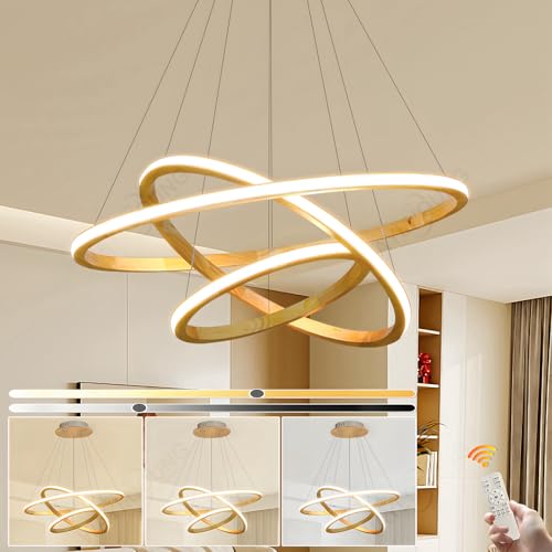 WayLuoung Lampadari LED In Legno Plafoniera, Apparecchio Di Illuminazione In Legno Dimmerabile A 3 Anelli, Lampada A Sospensione A Cerchio Regolabile, Cucina Isola Sala Da Pranzo Soggiorno【20+40+60cm】
